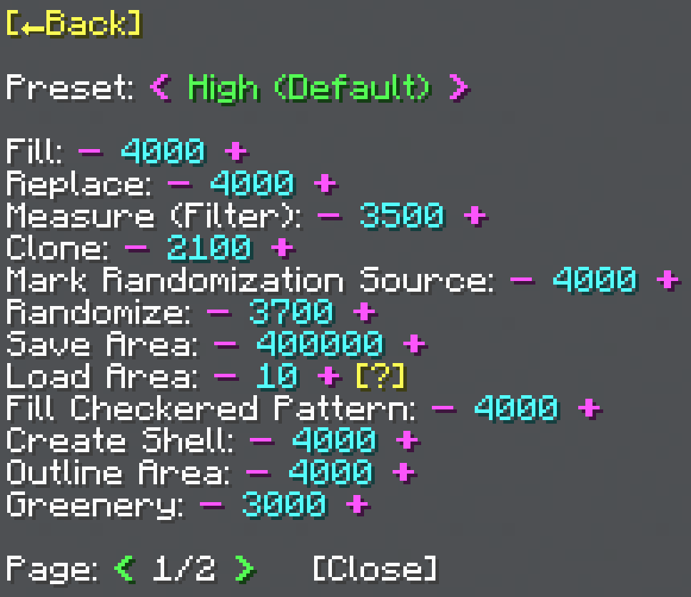 [Page 1 of the Blocks per Tick menu]